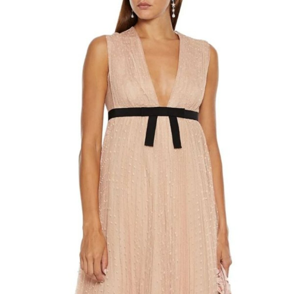 RED Valentino Bow Embellished Pleated Point D'Esprit Blush Colored Dress